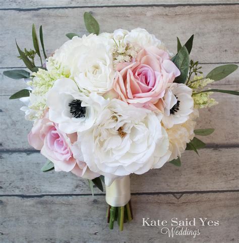 Silk Blush Pink And Ivory Rose And Anemone Bridal Bouquet Pink