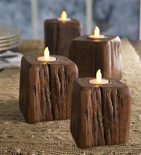 Wood Block Tea Light Holders Set Of 4 Decorative Accents Tea Lights Wooden Candles Tea