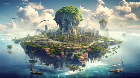 Fantasy Flying Island In Ocean With Sky And Clouds Castle On Rock With