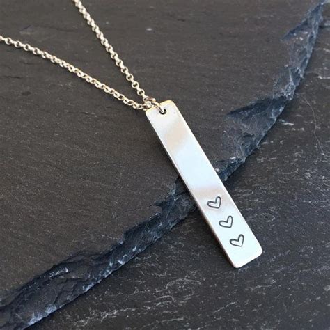 Sterling Silver Bar Necklace With 3 Hearts Hand Stamped Jewellery