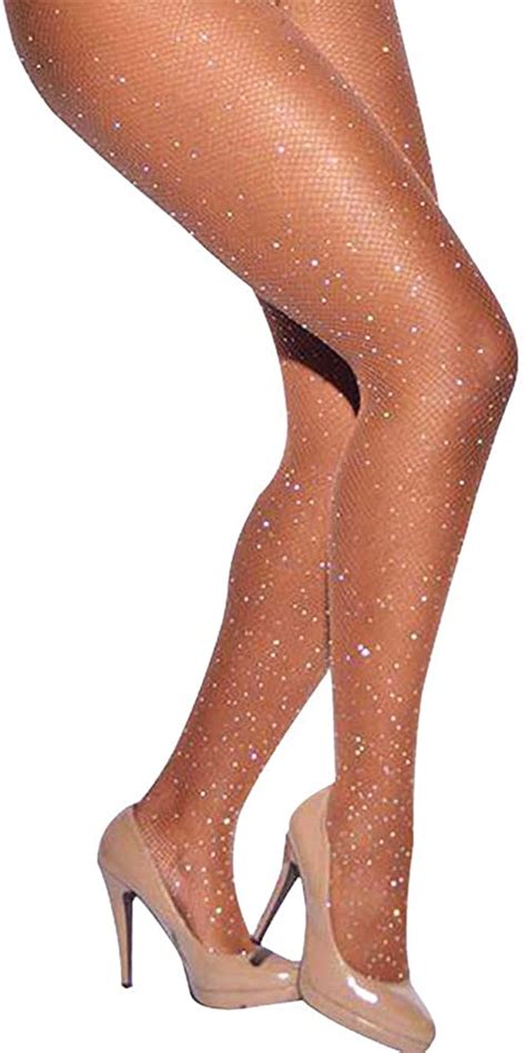Sexy High Waist Tights Sparkle Rhinestone Fishnets Natural Size Free