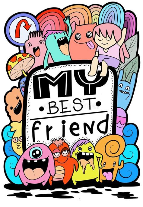 Hand Drawn Doodle Text `my Best Friend` Fun Colors Of Cute Monsters And
