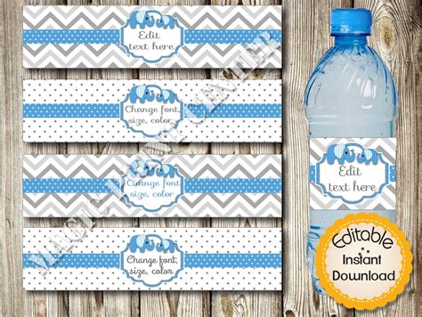 Editable Water Bottle Labels Baby Shower Birthday Blue