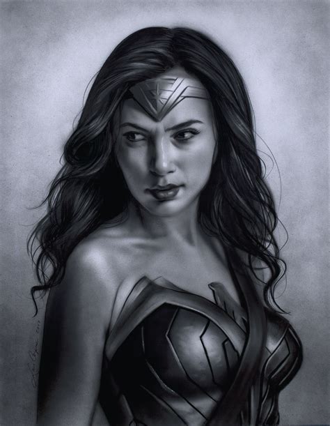 Gal Gadot As Wonder Woman Drawing Charcoal And Airbrush On Paper Portrait Wonder Woman