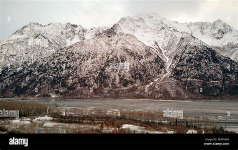 Aerial Images Knik River Valley Palmer Alaska Winter 2021 Stock