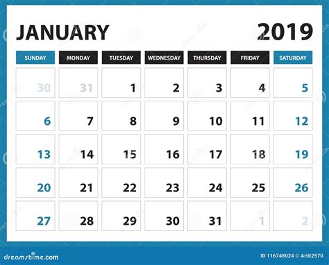 El Calendario De Escritorio Para La Plantilla De Enero De 2019