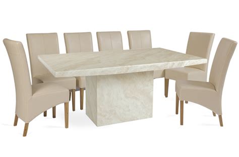 Crema Large Marble Dining Table With 8 Cream Leather Chairs The