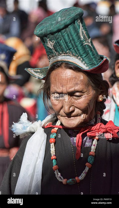 Portrait Of A Ladakhi Woman In Traditional Dress Leh Ladakh India