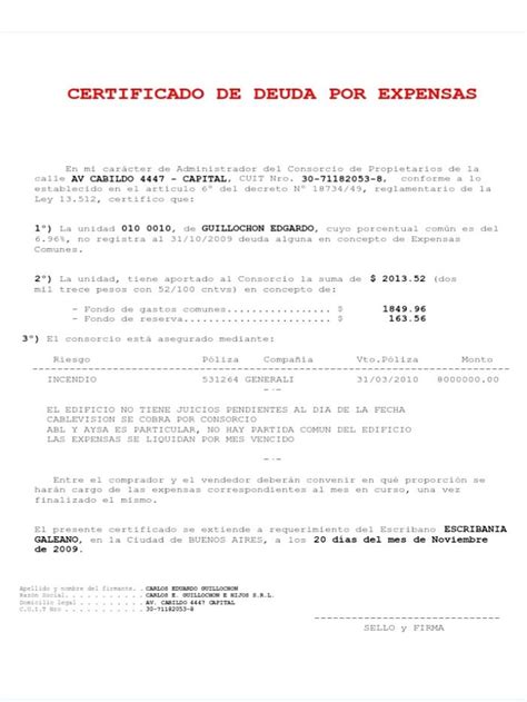 Certificado De Deuda Por Expensas En Argentina