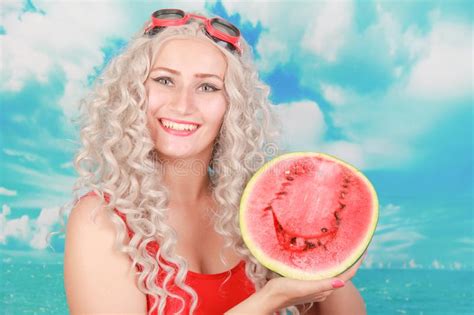 Beautiful Young Woman With Watermelon For Eating In Summer Season At