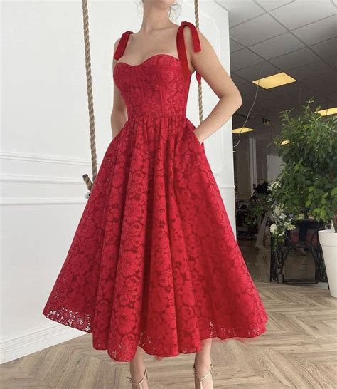 Red Lace Short Prom Dress A Line Evening Dress In 2021 Red Lace Prom