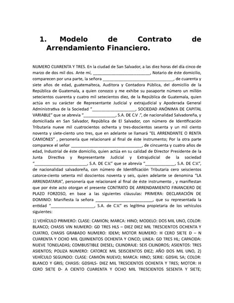 Modelo De Contrato De Arrendamiento Financiero 1 Modelo De Contrato