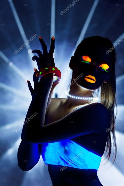 Disco Girl With Glow Make Up Dance In Uv Light Stock Photo Wisky