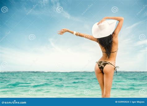 Woman In Swimsuit Showering Under Water Washing Hair Cleaning Body