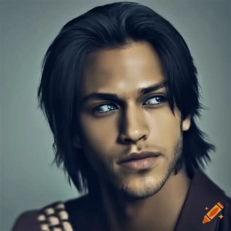 Portrait Of A Biracial French Man With Blue Eyes And Long Black Hair