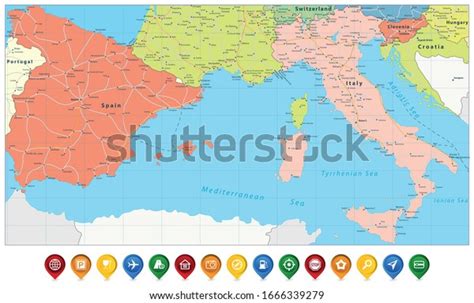 Spain Italy Map Colored Map Icons Stock Vector Royalty Free