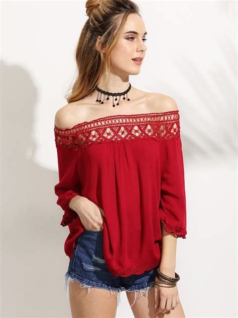 Red Crochet Insert Off The Shoulder Top Emmacloth Women Fast Fashion Online