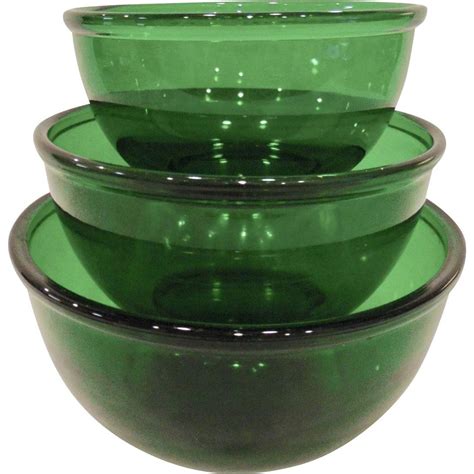 Set Of 3 Vintage Forest Green Glass Mixing Bowls Green Glass Green Glassware Glass Mixing Bowls