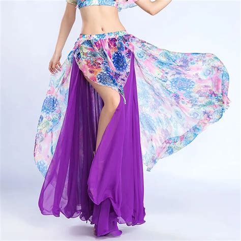 Sexy Slit Belly Dance Skirts Women Printed Chiffon Maxi Long Skirt Belly Dance Costumes Stage