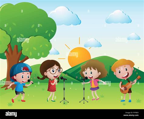 Scene With Kids Singing And Playing Music Illustration Stock Vector