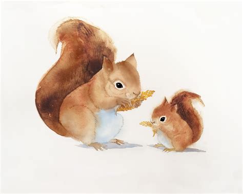 Nursery Wall Art Cute Squirrels Watercolor Squirrel Mom And Baby