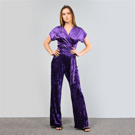 Purple Velvet Wrap Jumpsuit Short Sleeve Jumpsuit With Etsy