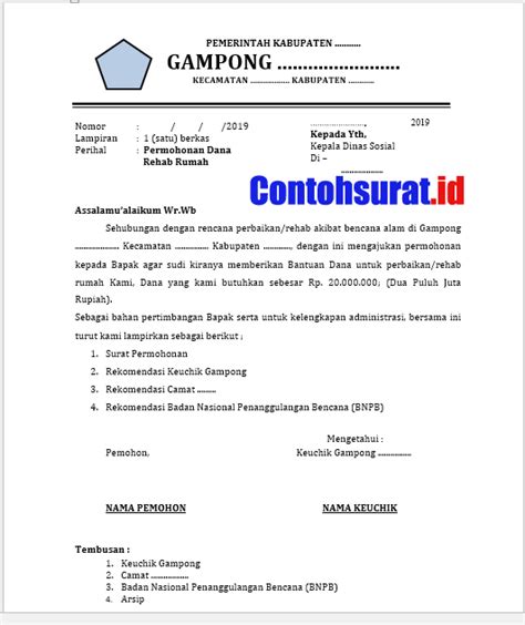 Surat permohonan sendiri dapat bersifat resmi atau pun tidak resmi. Contoh Surat Permohonan Bantuan Dana Sosial