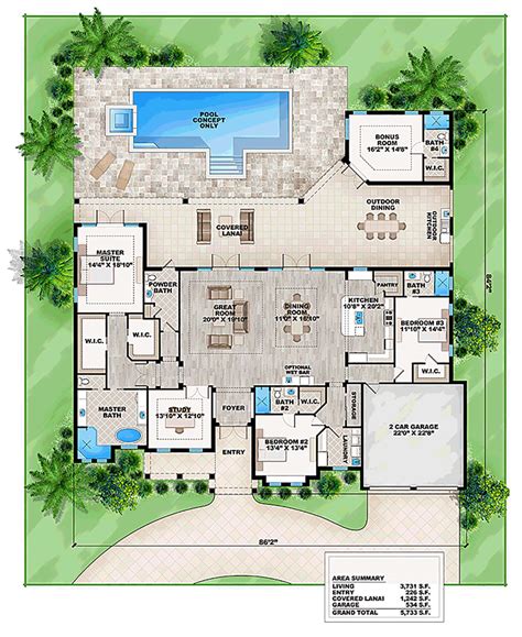 Florida Style House Plan 52912 With 4 Bed 5 Bath 2 Car Garage Pool