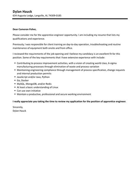 Apprentice Engineer Cover Letter Velvet Jobs