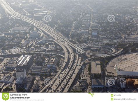 Los Angeles Downtown Freeways Summer Smog Aerial Stock Image Image Of
