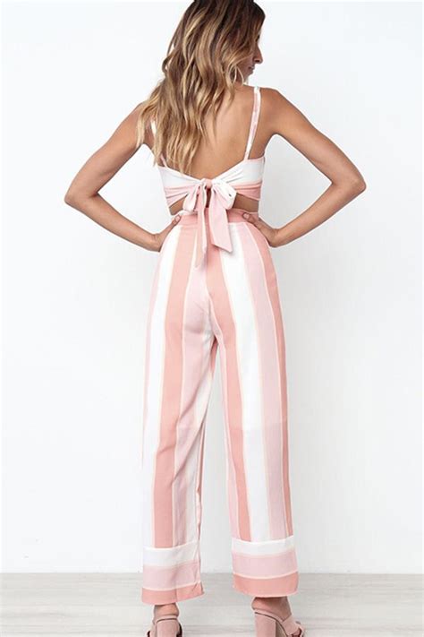 Pink Stripe Spaghetti Straps Knotted Casual Crop Top Pants Suit Set Crop Top Casual Long