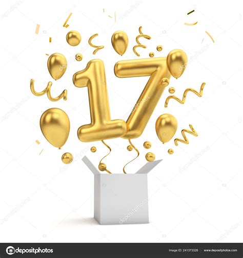 Happy 17th Birthday Gold Surprise Balloon Box Rendering Stock Photo By