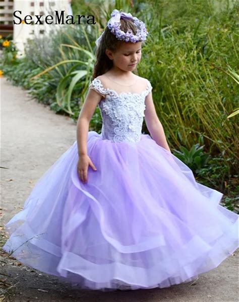 Lavender 2019 New Flower Girl Dress For Wedding Puffy Tulle White Lace