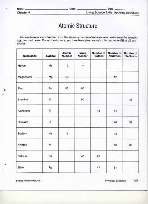 Atomic Structure Worksheet Answer Key