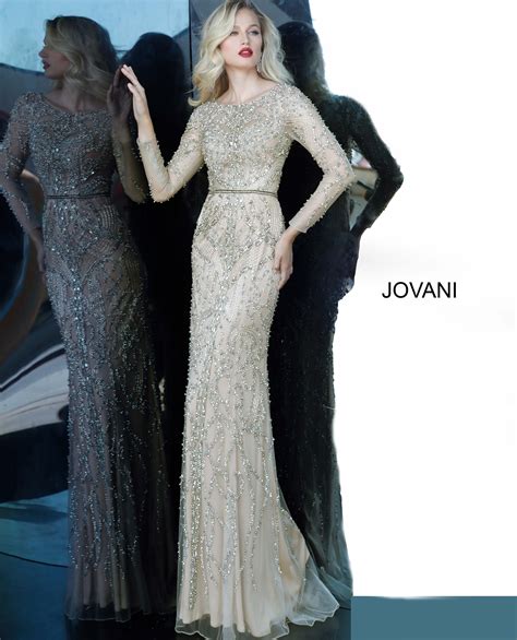 Jovani Nude Silver Long Sleeve Beaded Evening Dress