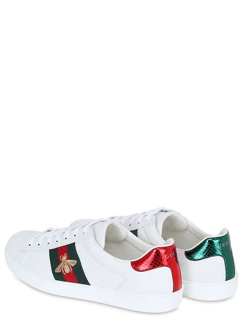 Gucci Ace Watersnake Trimmed Embroidered Leather Sneakers In White