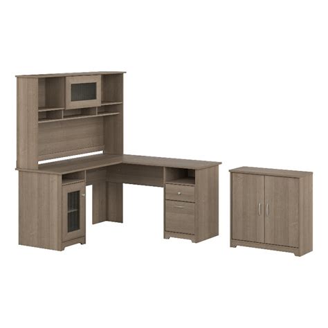 Cabot 60w L Desk With Hutch And Small Cabinet In Ash Gray Engineered
