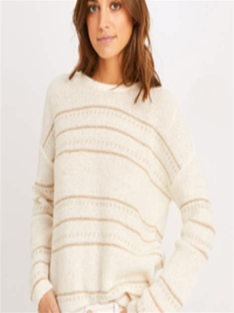 buy promod women off white and gold coloured striped pullover sweater sweaters for women