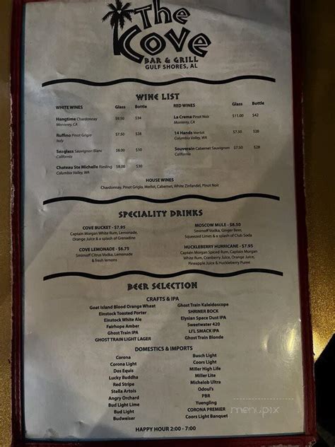 Menu Of The Cove Bar And Grill In Gulf Shores Al 36542