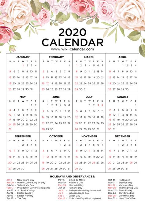 Free Printable 2020 Floral Calendar Wiki Calendarcom