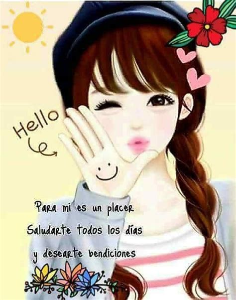 A Girl With Her Hand On Her Face And The Words Hello Written In Spanish