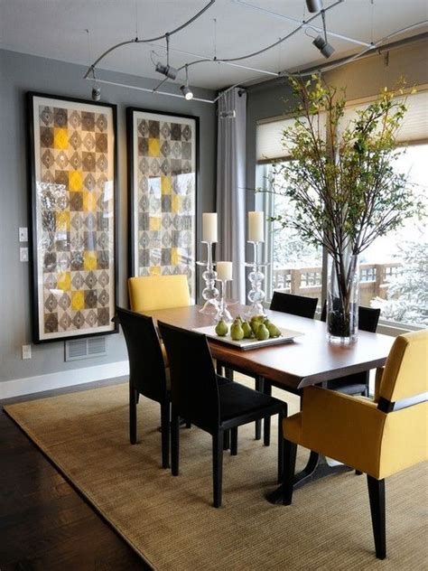 Dining room with yellow and green walls. Gray and yellow dining room. Love it! Could swap out the ...