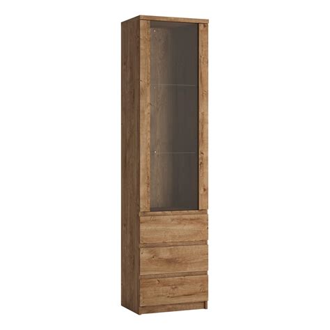 Fribo Tall Narrow 1 Door 3 Drawer Glazed Display Cabinet In Oak Home
