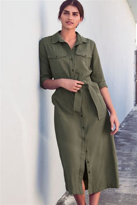 Womens Next Khaki Soft Utility Shirt Dress Green Стиль милитари