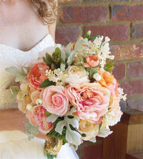 Pink Peach And Ivory Wedding Bouquet With Succulents Ready To