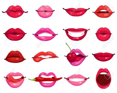 Red And Rose Kissing And Smiling Cartoon Lips Isolated Decorative Icons