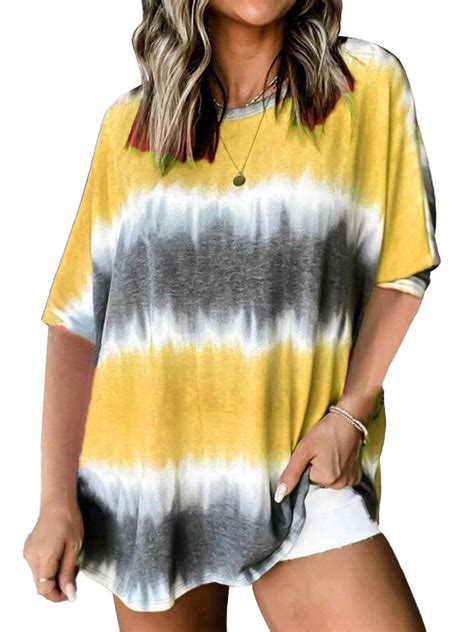 Plus Size Womens Short Sleeve Tie Dye T Shirt Summer Tunic Loose Tops Crew Neck Blouse