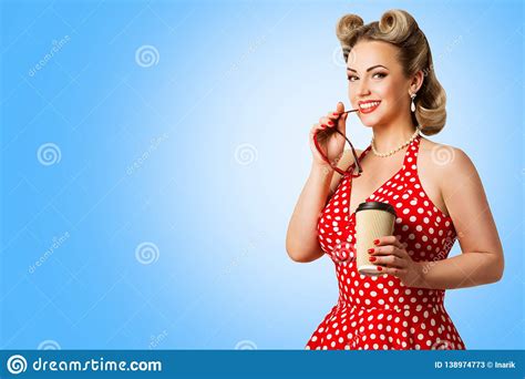 Retro Fashion Model Red Polka Dots Dress Woman Pinup Beauty Style Happy Girl Holding Paper Cup