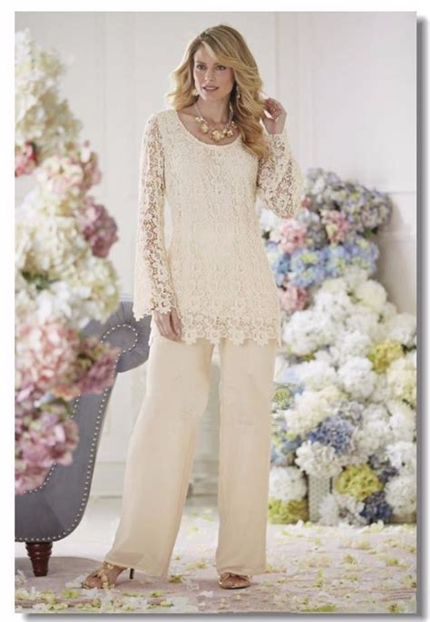 2015 Elegant Lace Beige Chiffon Two Piece Pant Suits Mother Of The