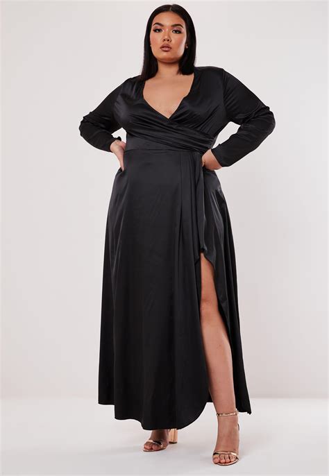 Plus Size Black Satin Wrap Over Maxi Dress | Missguided Ireland